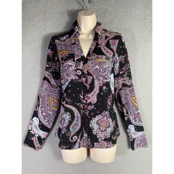 Express Women’s Paisley Button Down Shirt XS Black Multicolor Boho Blouse - Picture 2 of 10